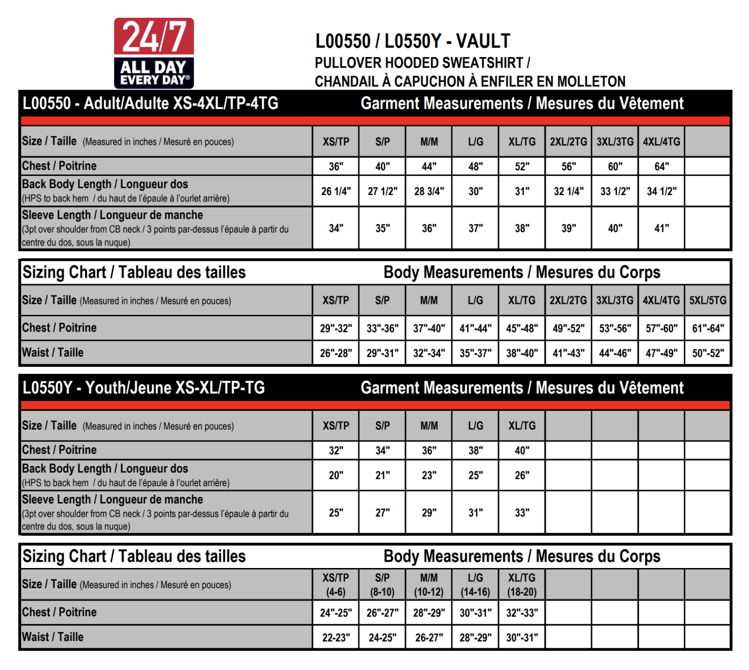 Size chart for Vault – Youth Pullover Hoodie
