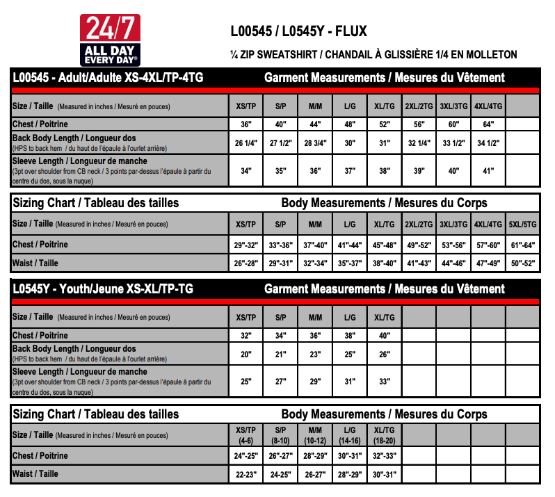 Size chart for Flux – Adult 1/4 Zip Pullover