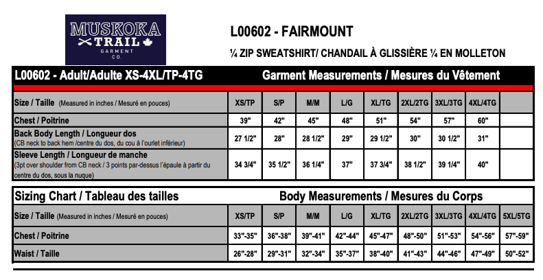 Size chart for Fairmount – 1/4 Zip Sweatshirt w/ Pouch Pocket